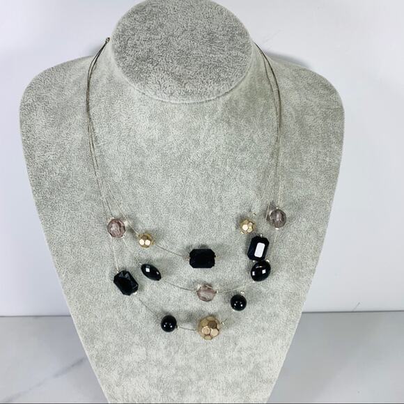 Silver Multichain Acrylic Beaded Necklace Black - Picture 1 of 3